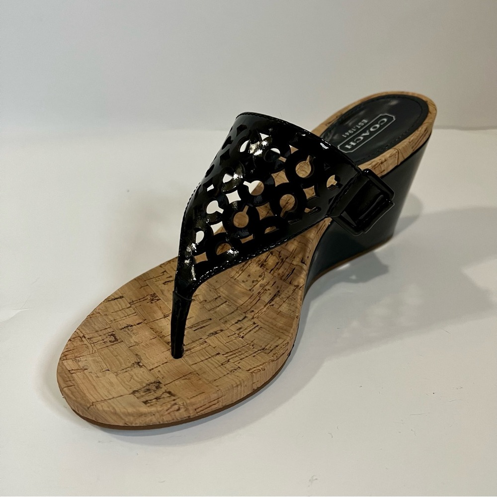 Women’s Coach Black Brookk OP Art patent leather wedge heels shoes. Size 8. - Picture 8 of 11